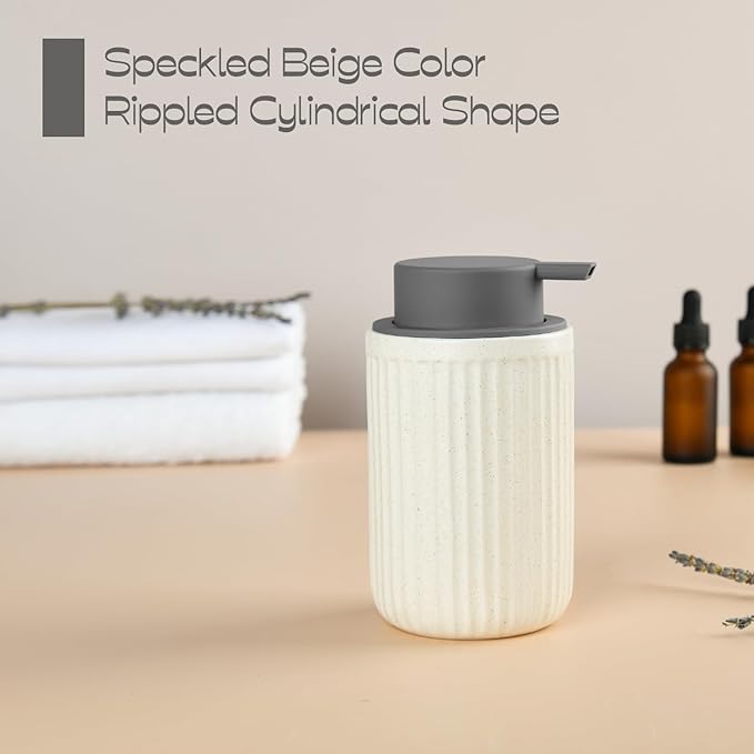 Beige Ceramic Foaming Soap Dispenser, Speckled Rippled 12 oz Bottle - Image 4
