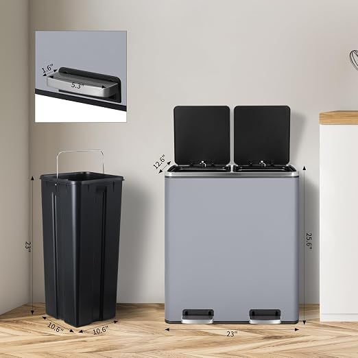 16 Gallon Rectangular Stainless Steel Trash Can, Dual Compartment Garbage Bin - Image 2