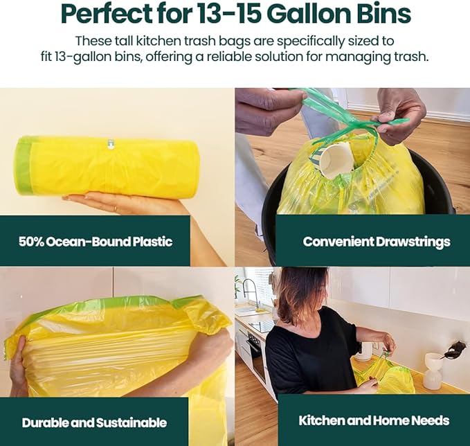 13 Gallon Trash Bags with Drawstrings, 40 Bags Made from 50% Recycled Plastic - Image 3
