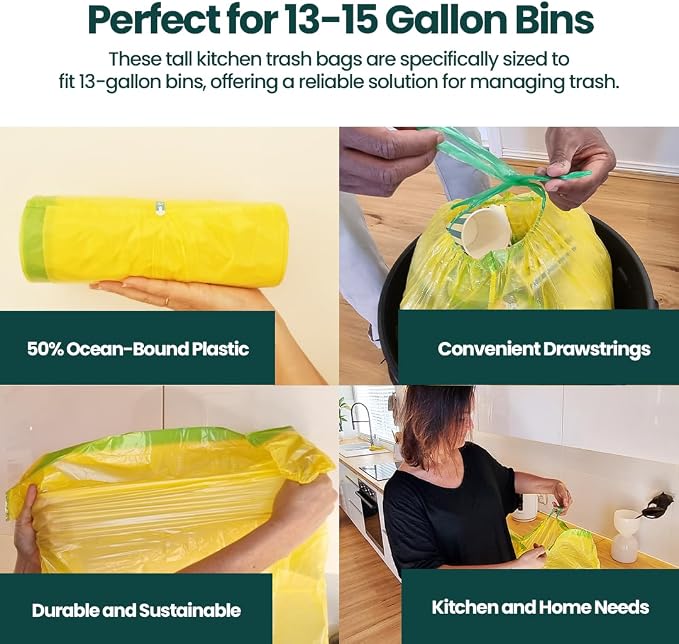 13 Gallon Trash Bags with Drawstrings, 80 Bags Made from 50% Recycled Plastic - Image 7