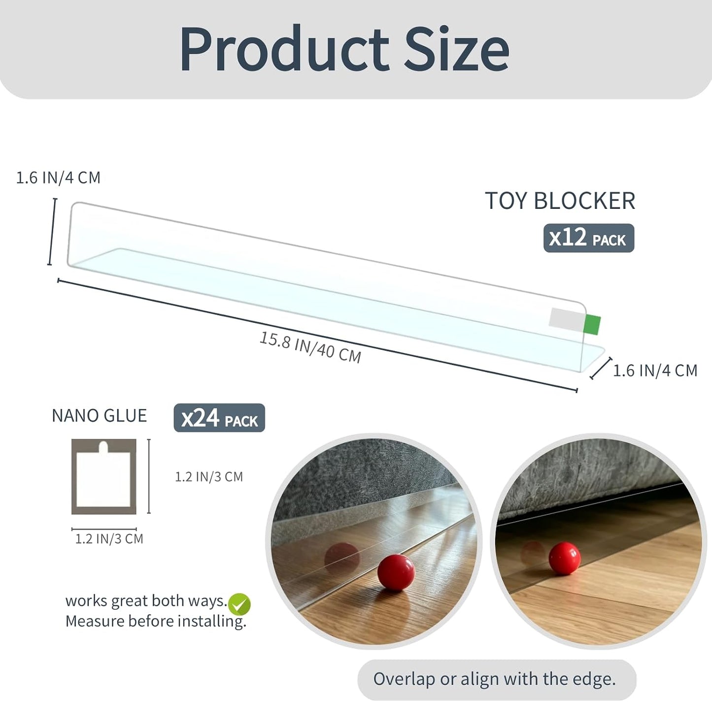 Under Couch Blocker 12-Pack, 15.8" L x 1.6" H, Total 190" L | Clear, Adjustable Gap Bumper, Keeps Kids' & Pets' Toys From Going Under Sofa and Bed