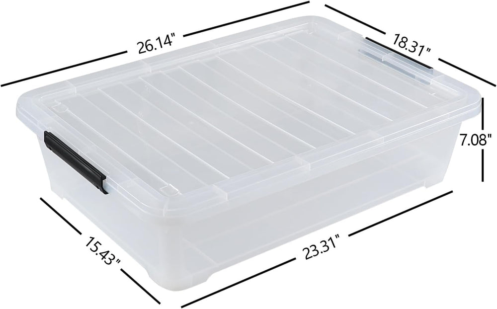 40 Quart Large Flat Clear Plastic Underbed Storage Bin, 3 Packs