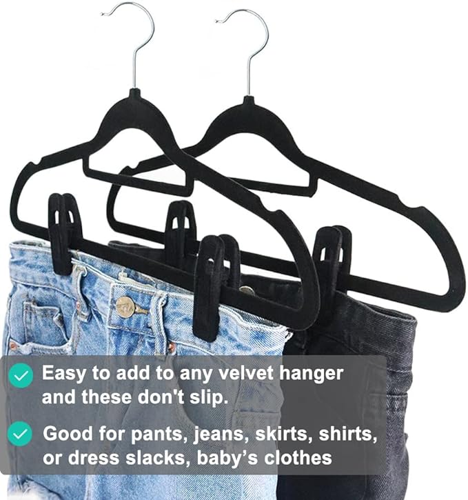 Black Velvet Hangers Clips 40 PCS, Pants Hangers Velvet Clips Easily Add to - Image 6