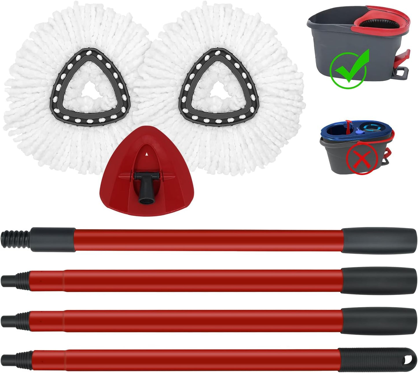 Mop Replace Heads Mop Handle and Base Replacement for O Cedar EasyWring 1-Tank Spin Mop System, 2 Microfiber Mops Refills, 4-Section Iron Mop Handle 30-58Inch and 1 Mopping Heads Cover Set (No Bucket)