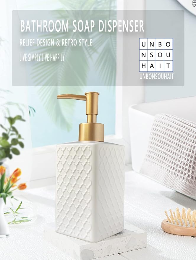 Gold Soap Dispenser for Bathroom, Retro White Square Lotion Dispenser, - Image 2