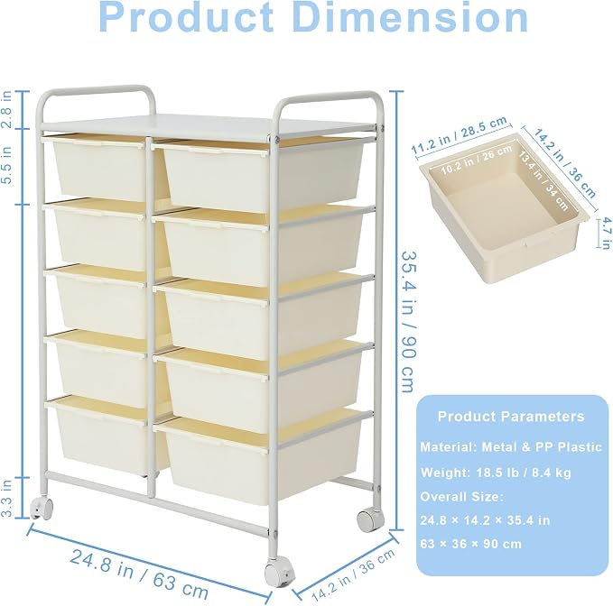 Rolling Cart with 10 Drawers, Plastic Drawer Cart with Metal Frame, Utility - Image 3