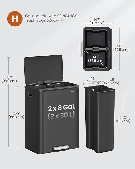 SONGMICS Trash Can, 2 x 8 Gallon Double Garabge Can - Image 6