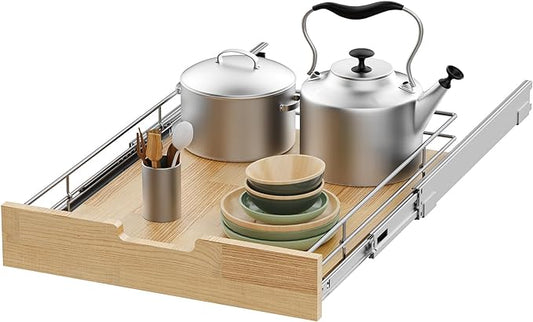 Pull Out Cabinet Organizer, Heavy-Duty Slide Out Shelf, Wood And Wire Basket by SikarouStorageSpecialist