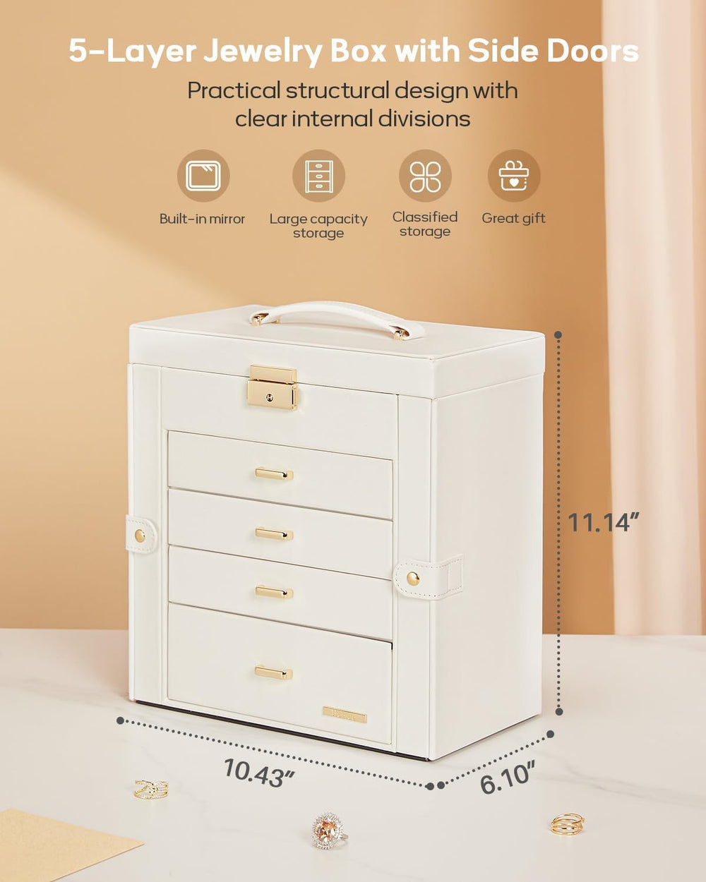 Homde Large Jewelry Box for Women: 5-Layer Organizer with Lock for Dresser