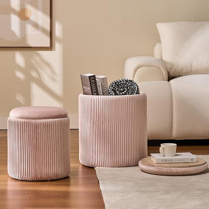 Round Set of 2 Ottoman with Storage-Upholstered Velvet Vanity Stool - Image 2