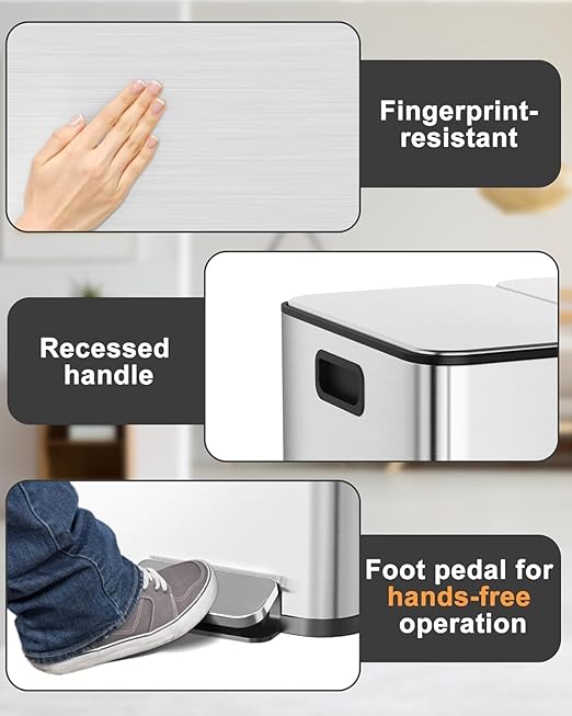 90L/3 x 7.9 Gal Trash Can, Three-Compartment Pedal Stainless Steel Kitchen - Image 2