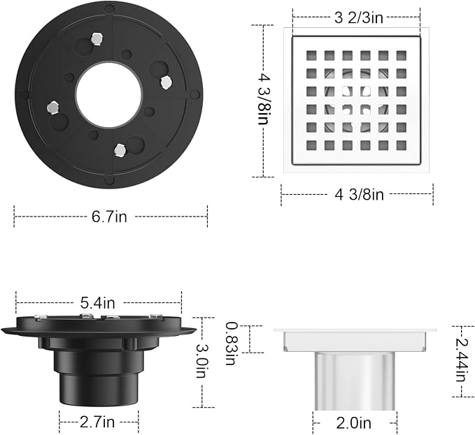 4-3/8 Inch Square Shower Drain Chrome, Bathroom Floor Drain, Stainless Steel - Image 3