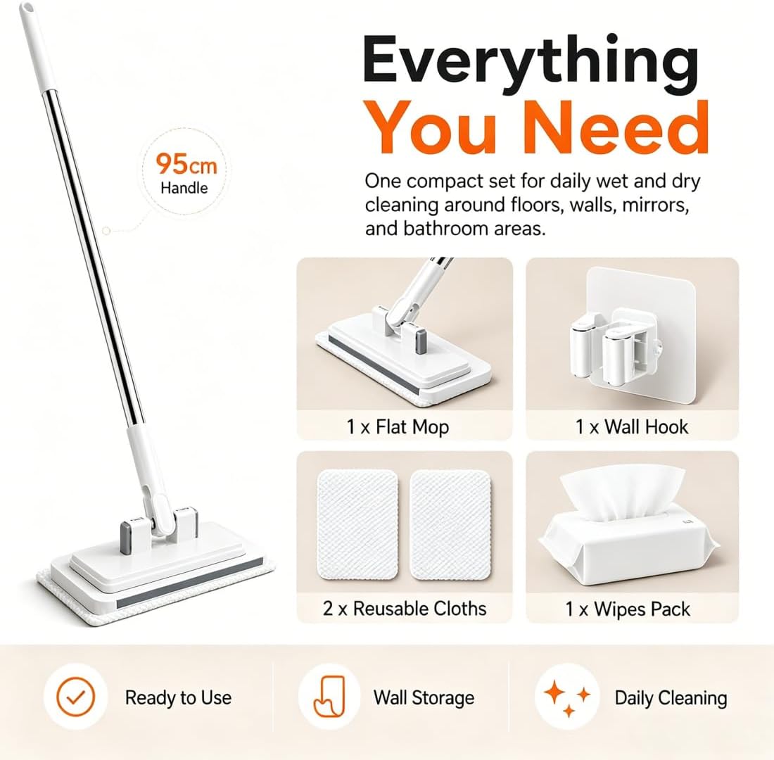 Hands Free Flat Mop, 2026 Upgraded Hands Free Multi Purpose Flat Mop, Multifunctional Lazy Mops with One-Click Cloth Attachment with 10 Reusable Cloths, Ideal for Washbasin and Kitchen (43in)