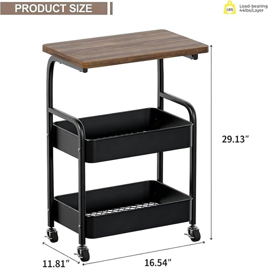 Rolling Cart with Wooden Tabletop 3-Tier Metal Utility Rolling Cart Storage - Image 2