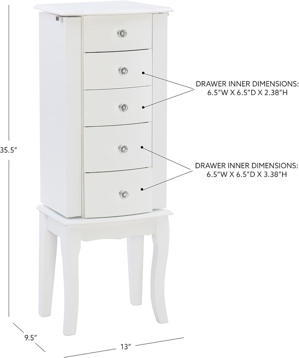 Powell Furniture Jewelry Armoire, White, 13"x 9.375"x 35.5"