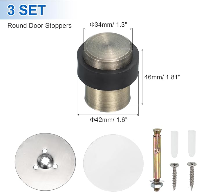 PATIKIL 3Set Round Door Stoppers, 46mm Stainless Steel Door Stop Doorstop Wedge - Image 2