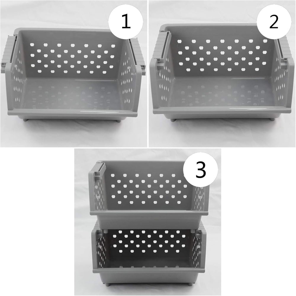 3 Pack Stacking Open Front Storage Bins, Gray Stackable Basket