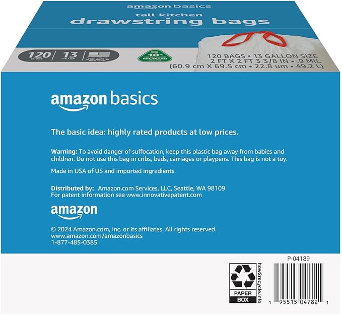 Amazon Basics 13 Gallon Tall Kitchen Drawstring Trash Bags, 10% Post Consumer - Image 2