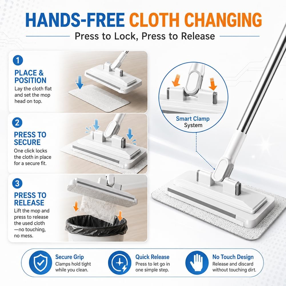 Hands-Free Multi-Purpose Flat Mop - 2026 Upgraded Cloth Changing Mini Mop, No Blind Spots 360 Rotating Wet Dry for Whole House Cleaning for Floor Wall Bathroom (110 cm / 43.3 in)