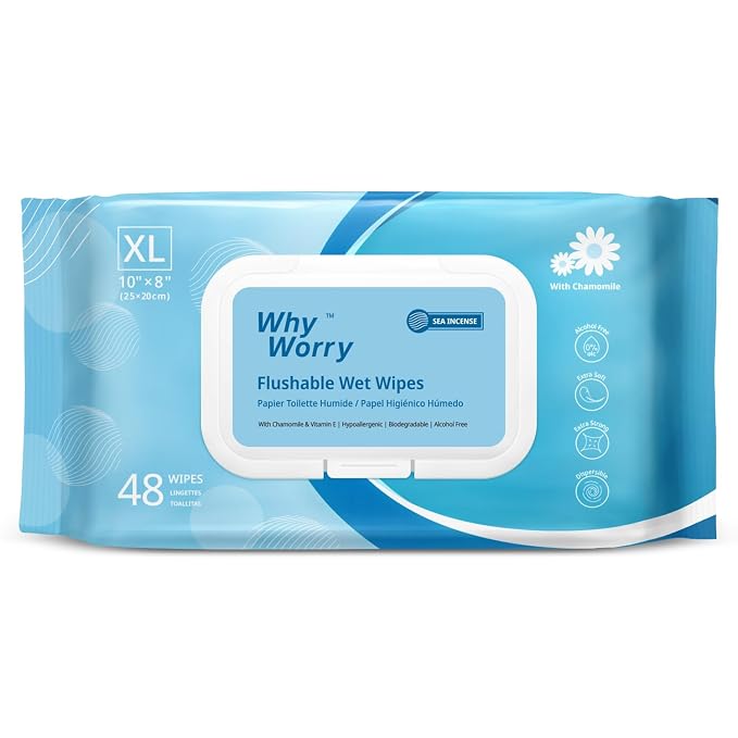 WhyWorry Flushable Wipes for Adults, Extra Large 8"x10" Butt Wipes for Toilet & by WHYWORRY