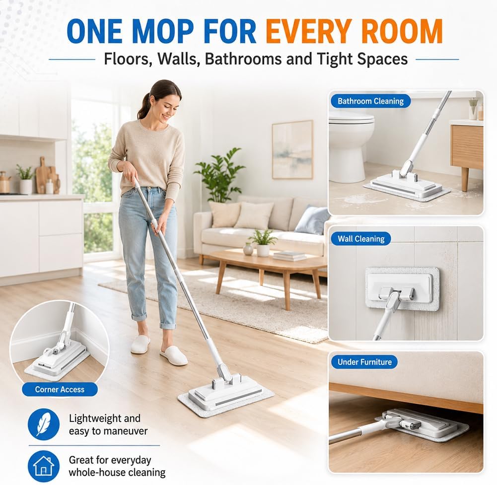 Hands-Free Multi-Purpose Flat Mop - 2026 Upgraded Cloth Changing Mini Mop, No Blind Spots 360 Rotating Wet Dry for Whole House Cleaning for Floor Wall Bathroom (110 cm / 43.3 in)