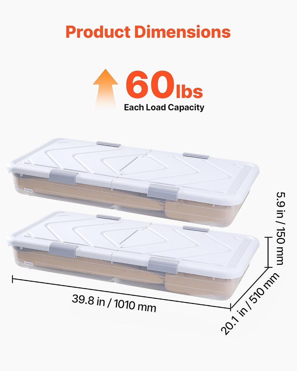 VEVOR Under Bed Storage with Wheels, 39.8 x 20.1 x 5.9 inch Underbed Containe...
