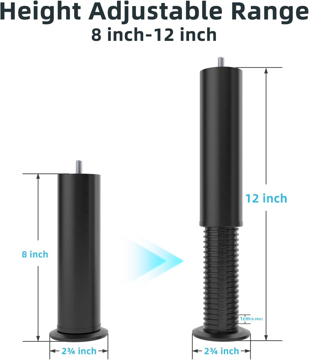 Adjustable 8-12 inch Bed Legs Metal Replacement Heavy Duty Leg M8 M10 Thread 4Pcs Support Leg for Adjustable Bed Frame, Sofa, Cupboard, Desk