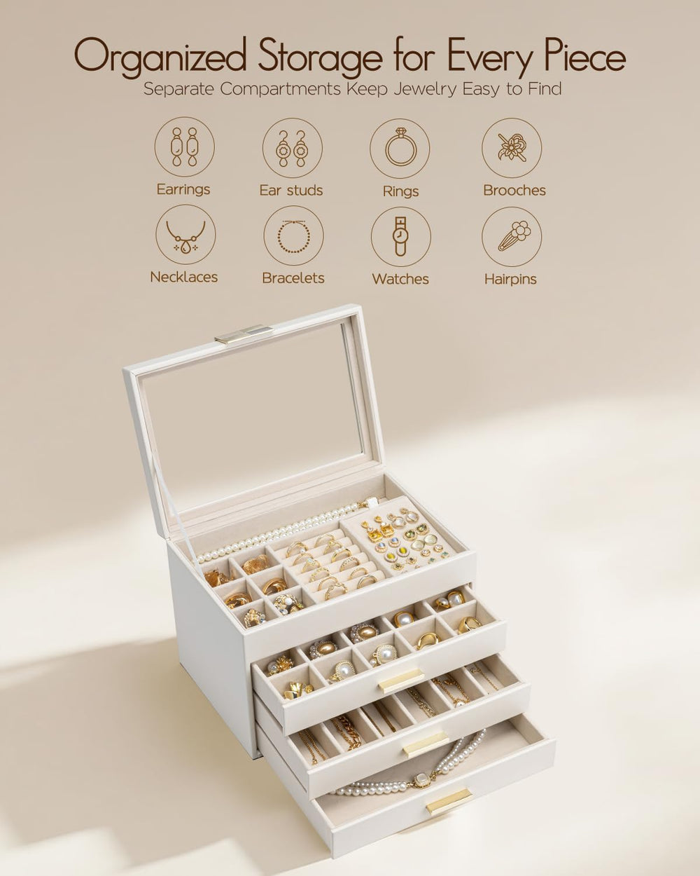 VLANDO Jewelry Box Organizer, 4-Layer Storage with Glass Window