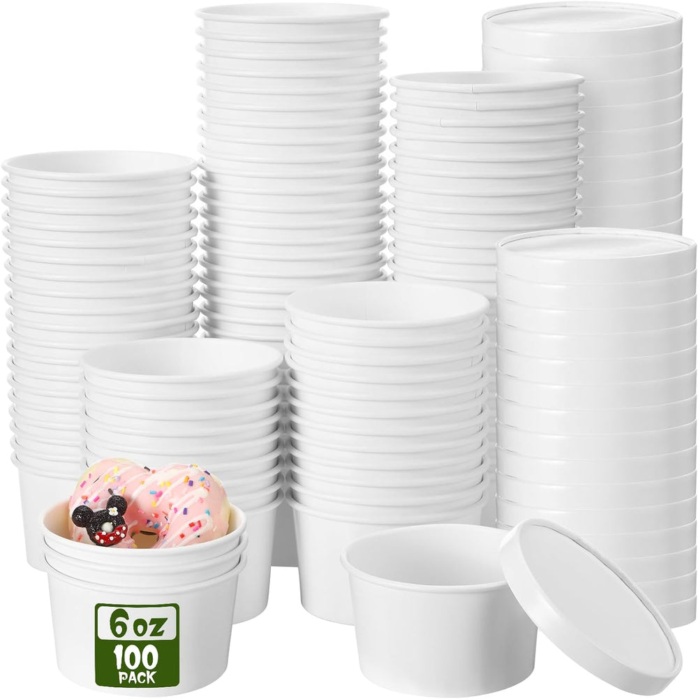 Fulmoon 6 oz 100 Pack Paper Containers with Lids Soup Bowl Cup, White