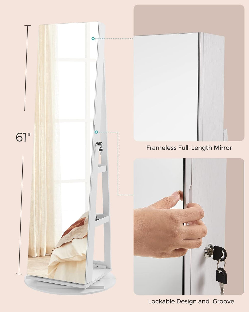 SONGMICS 6 LEDs Mirror Jewelry Cabinet Organizer, 360° Swivel, Lockable