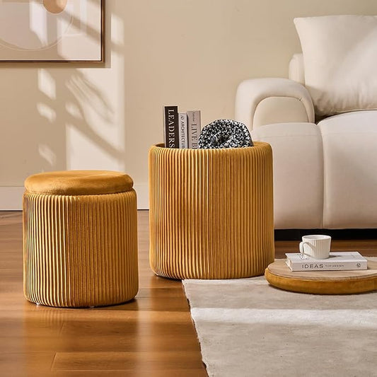 Round Set of 2 Ottoman with Storage-Upholstered Velvet Vanity Stool - Image 2