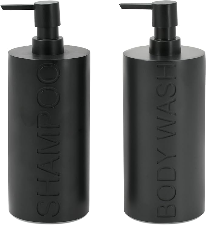 Matte Black Resin 2 Piece Shampoo and Body Wash Dispenser Set, Luxurious by IndecorHome