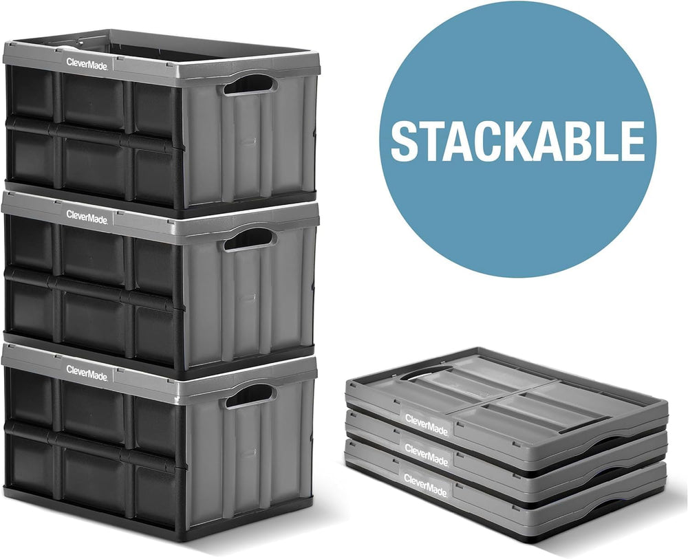 CleverMade Collapsible Storage Bins, 46L 3 Pack, 75 lb Stackable, Obsidian