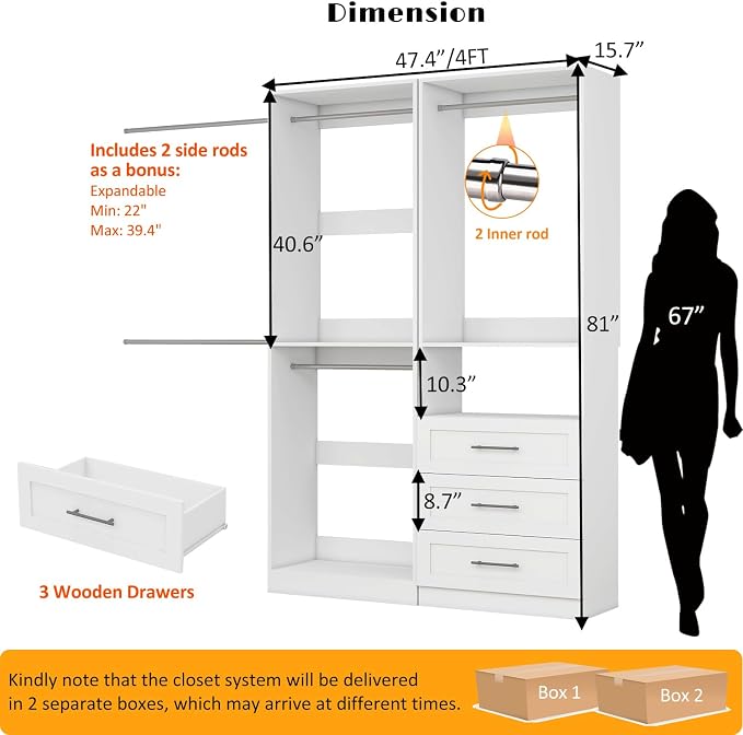 Closet System with 2 Sets, 4FT Closet Organizer Systems with 3 Wooden Drawers & - Image 2