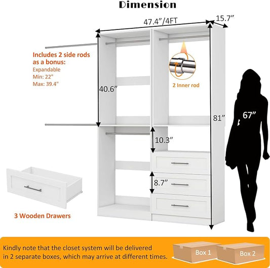 Closet System with 2 Sets, 4FT Closet Organizer Systems with 3 Wooden Drawers & - Image 2