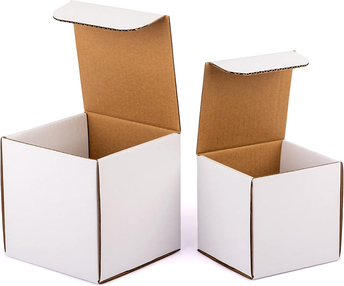 50-pack 5x5x5 Shipping Boxes with Lids for Mailing, packaging and Storage, 5x5 Coffee Mug Box Mailers with Thank Stickers, White Corrugated Cardboard Boxes for Small Business