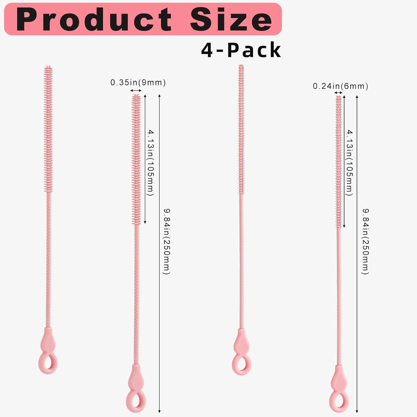 Silicone Straw Cleaner Brush, 4Pcs Reusable Straw Brush Set with Extra-Long Design for Cleaning Thin Metal Straws and Wider Milkshake Straws （6mm+9mm Pink)