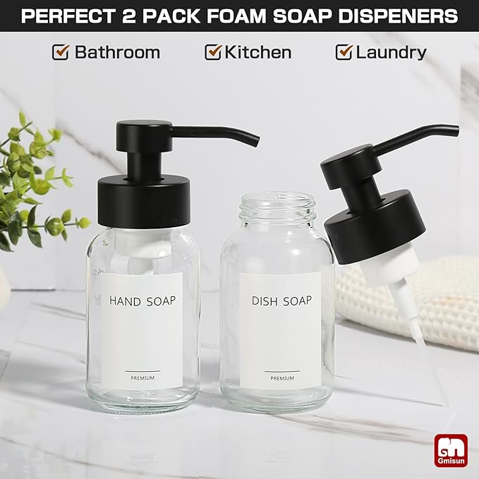 GMISUN Foam Soap Dispenser, 2 Pack 8.5 fl oz / 250 ml Clear Glass Soap Dispenser - Image 4