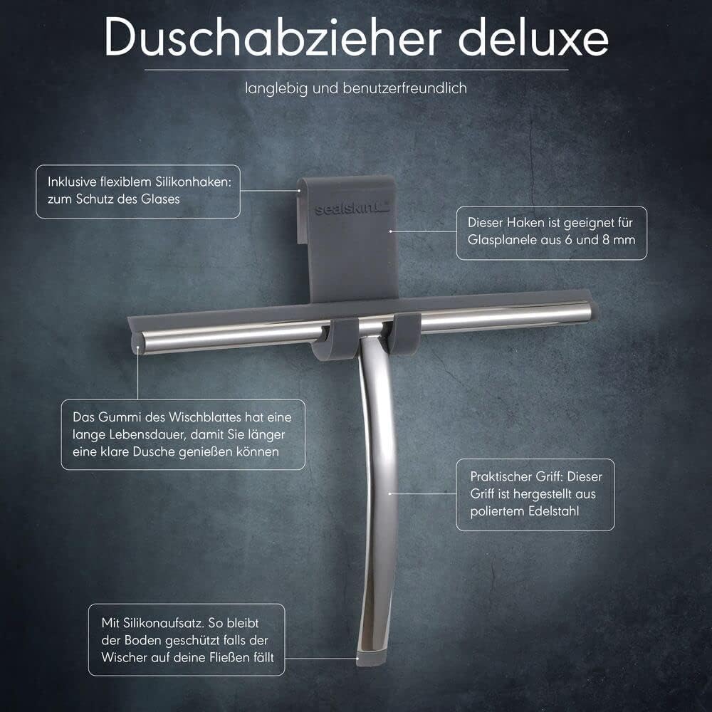 Sealskin Deluxe Shower Squeegee, Glass Wiper for Shower and Window, Practical Squeegee with Flexible Silicone Holder, Polished Stainless Steel Handle, Silver