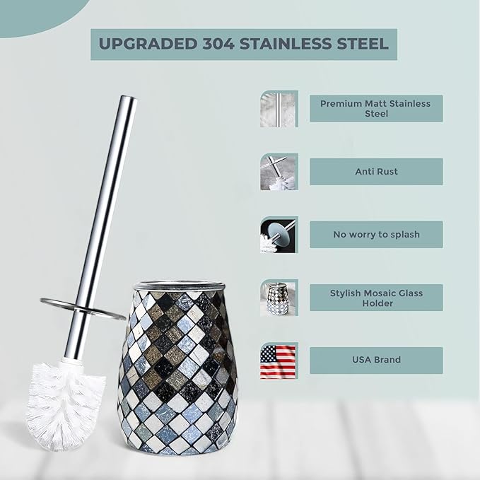 Escenzy Modern Toilet Brush and Holder Set Mosaic Glass | Non-Rustic Stainless - Image 2