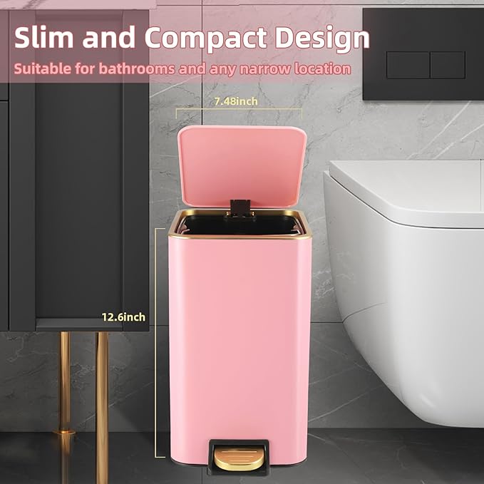 Small Bathroom Trash Can with Lid Soft Close, 1.8 Gallon Stainless Steel - Image 2