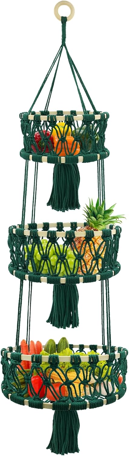 3 Tier Macrame Hanging Basket Hanging Fruit Basket for Kitchen | Cotton Rope Woven Basket for Fruit and Vegetable Storage, Space-Saving Kitchen Use, Decorative Boho Decor, Small Plant Holder
