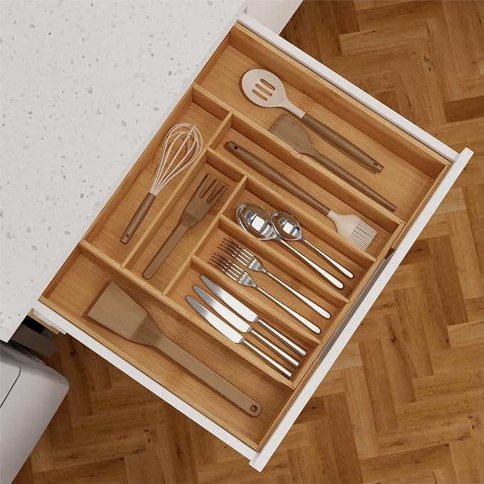 BAMEOS 3.9inch Tall Bamboo Drawer Organizer, Expandable Utensil Holder - Image 5