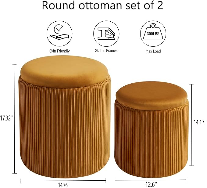 Round Set of 2 Ottoman with Storage-Upholstered Velvet Vanity Stool - Image 3