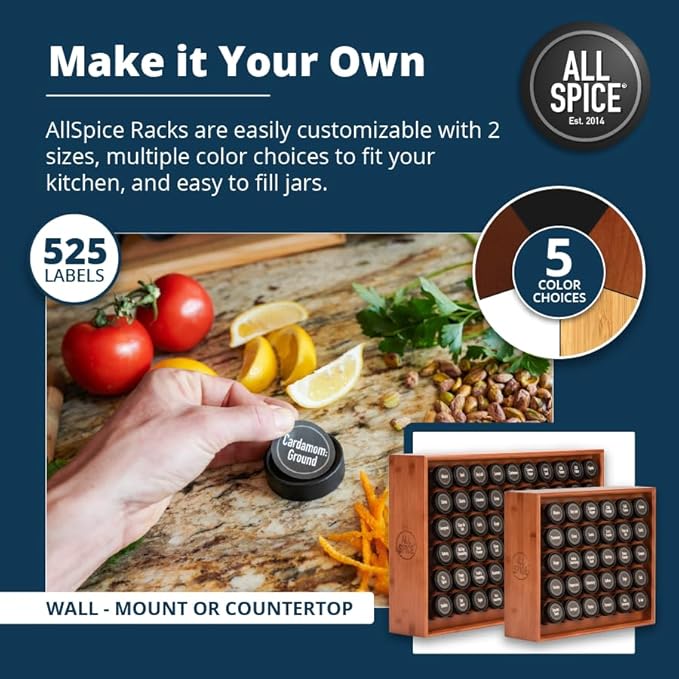 AllSpice Spice Rack Organizer, 525 Unique Labels, Countertop or Wall Mount - Image 4