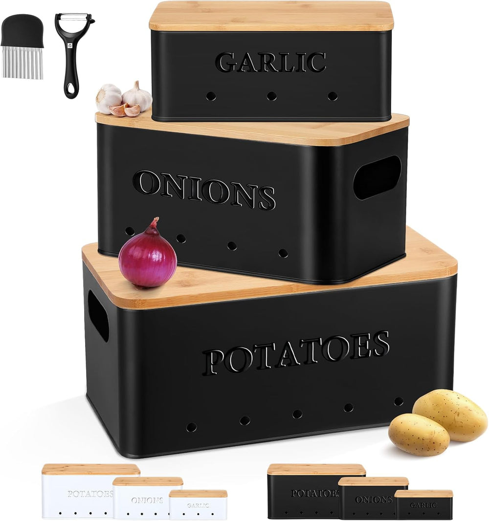 Honeydak 3 Pcs Metal Potato Onion Garlic Storage Bins Set Black