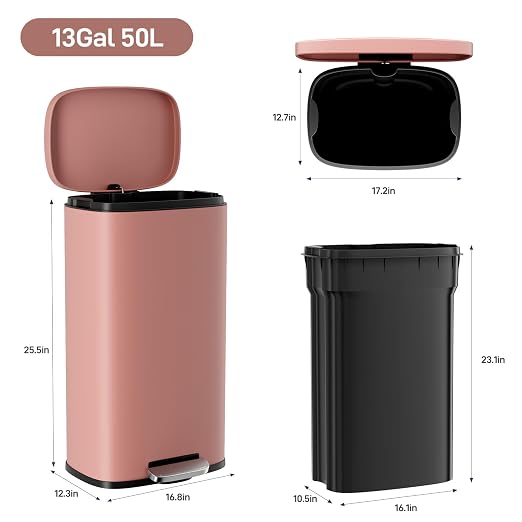 Arlopu 8/13.2 Gallon Step Trash Can, Stainless Steel Garbage Bin, Soft-Close - Image 2