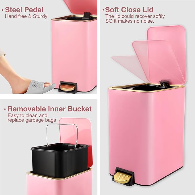 Small Bathroom Trash Can with Lid Soft Close, 1.8 Gallon Stainless Steel - Image 2