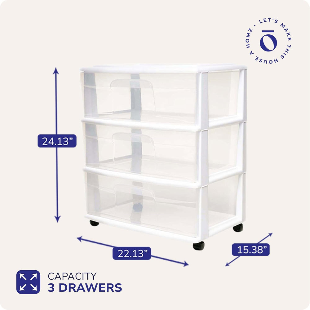 HOMZ Drawer Tower, 3-Tier Storage Cart with Removable Wheels, White Frame