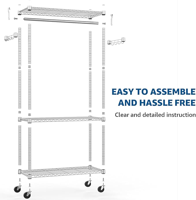 Heavy Duty Rolling Garment Rack 3 Tiers Adjustable Wire Shelving Clothes Rack - Image 9